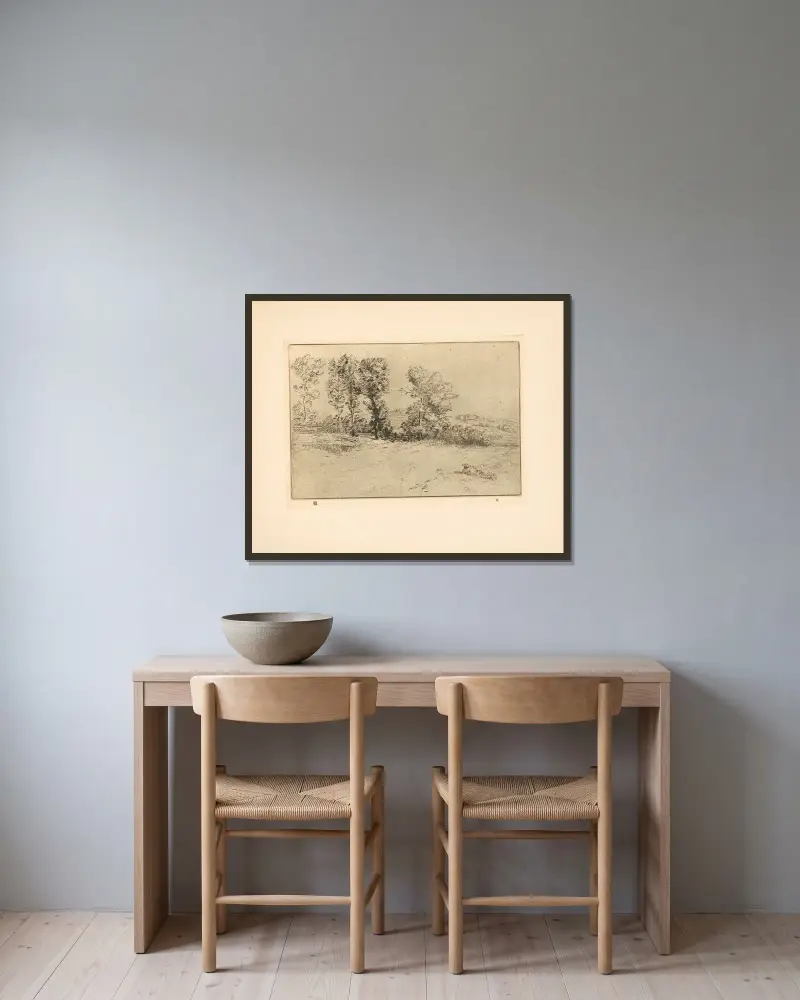 Den soliga ängen av Alphonse Legros inramad på en vägg