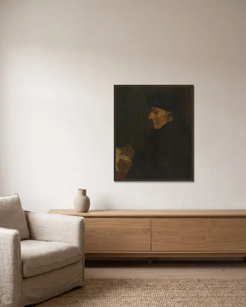 Minnesbild av Holbeins Erasmus av Alphonse Legros inramad på en vägg