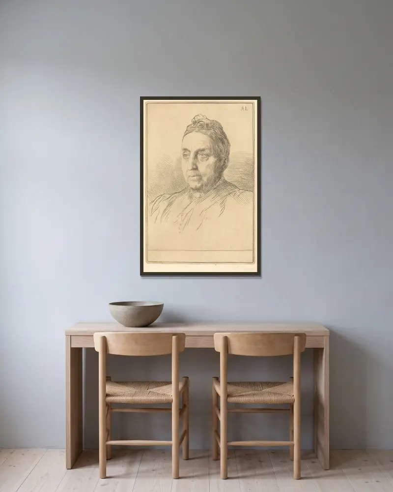 Mme. Kemp, 4th plate av Alphonse Legros inramad på en vägg