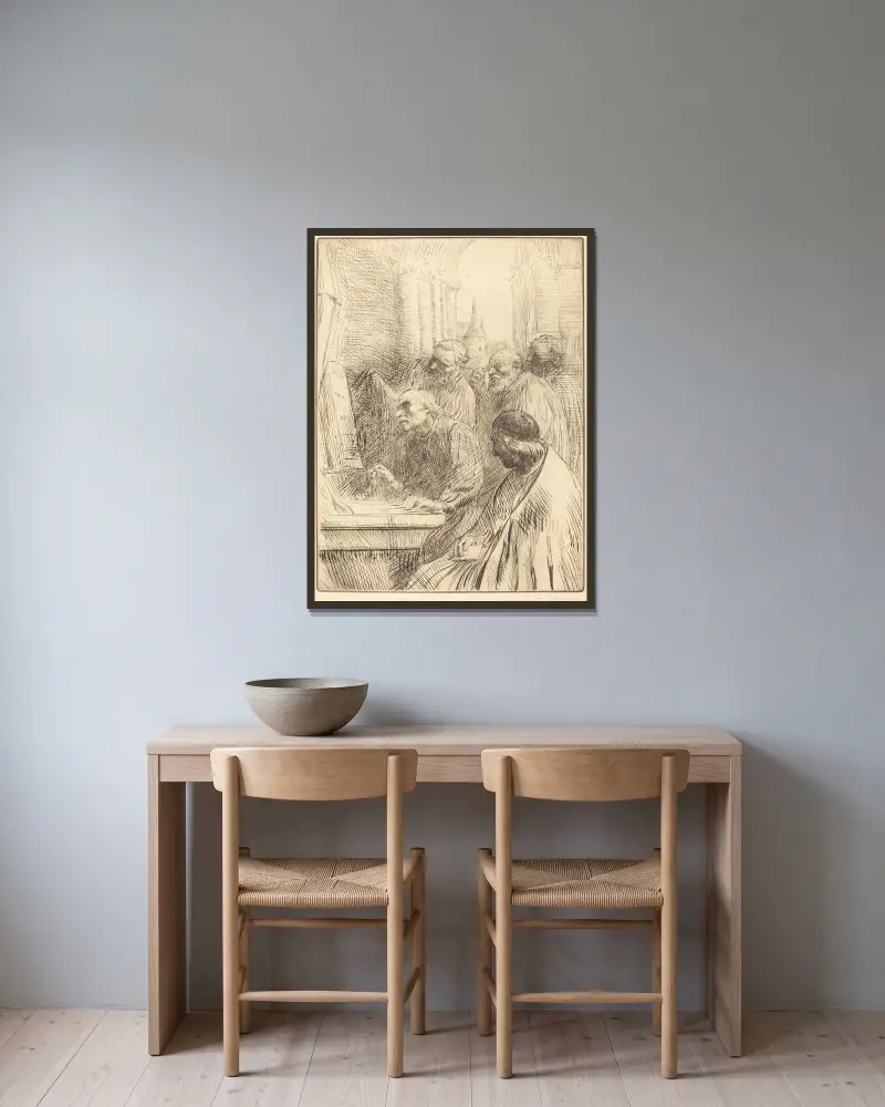 Munkar i kyrkan av Alphonse Legros inramad på en vägg