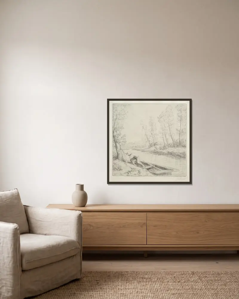 Morgon på floden av Alphonse Legros inramad på en vägg