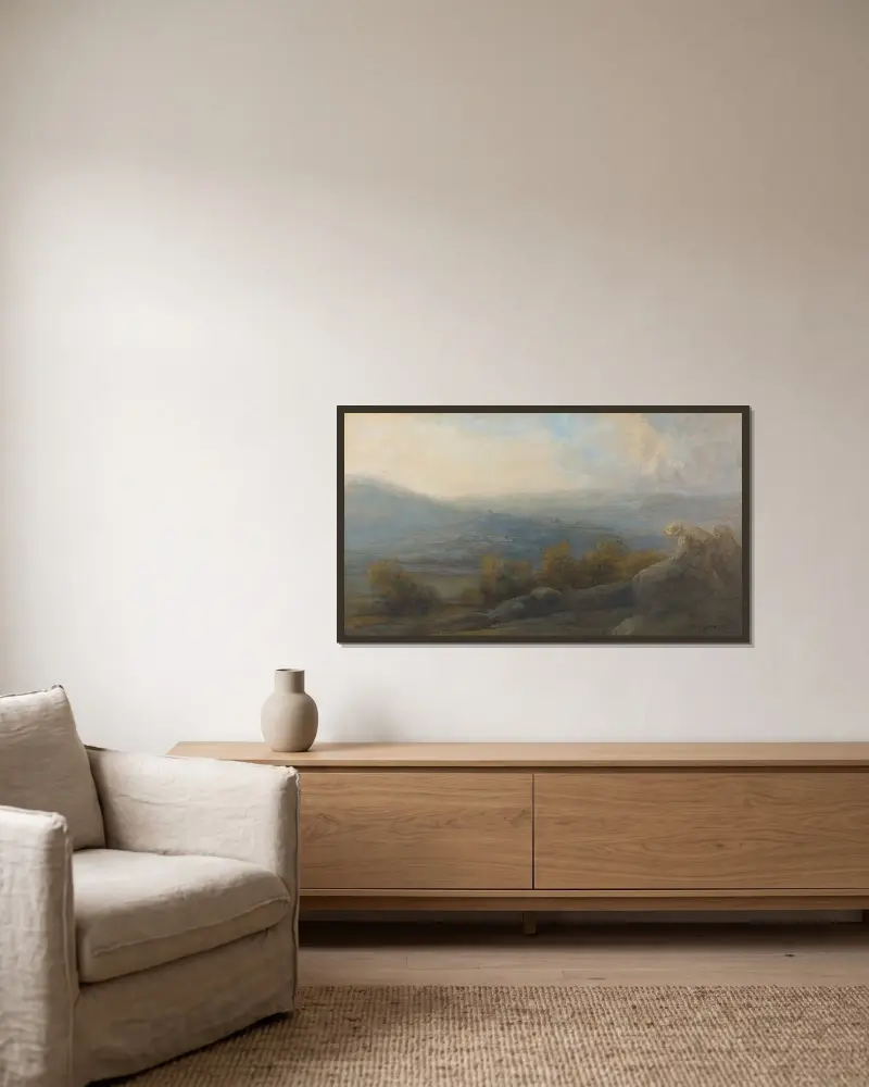 Bergslandskap med två figurer till höger av Alphonse Legros inramad på en vägg