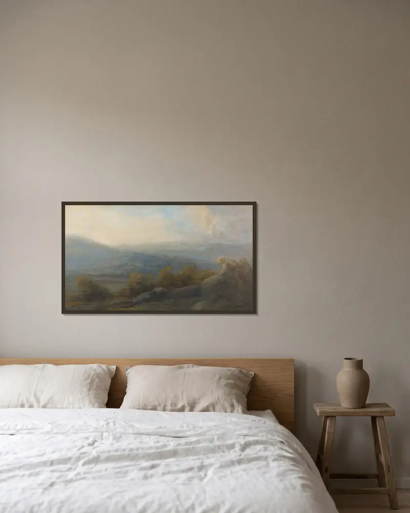 Bergslandskap med två figurer till höger av Alphonse Legros inramad på en vägg