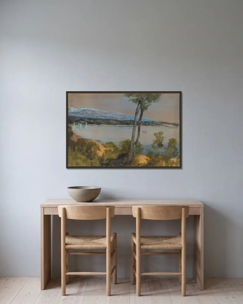 Berg sedda över en sjö av Alphonse Legros inramad på en vägg