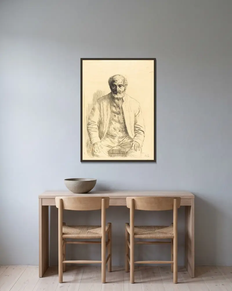 Gammal man sittande av Alphonse Legros inramad på en vägg