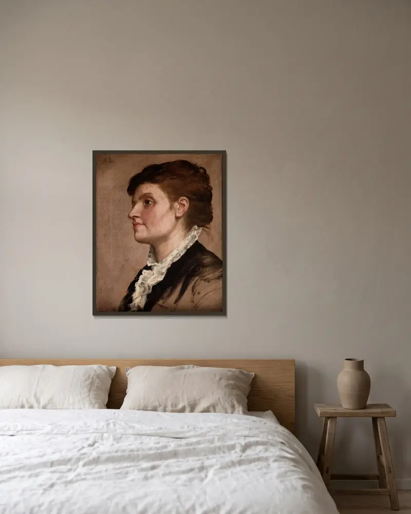Kvinnopporträtt av Alphonse Legros inramad på en vägg