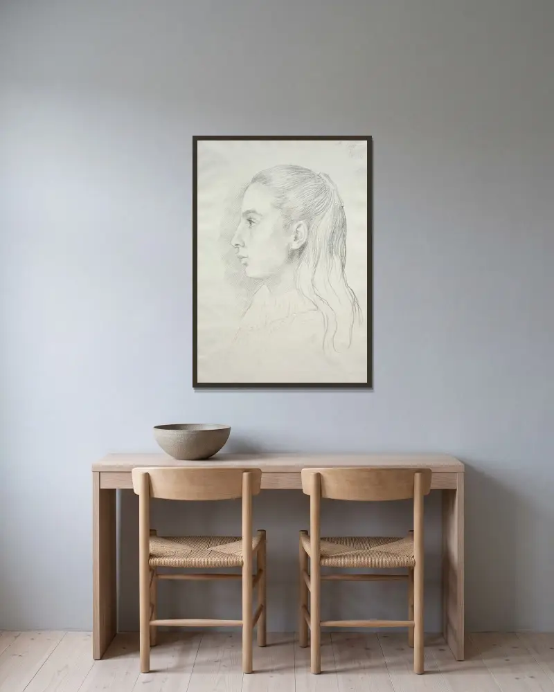 Porträtt av Mlle. Nora E. Legros av Alphonse Legros inramad på en vägg