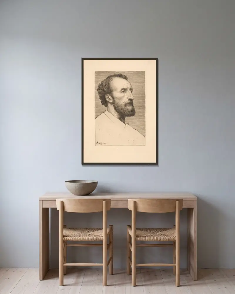 Porträtt av M. J. Delou av Alphonse Legros inramad på en vägg