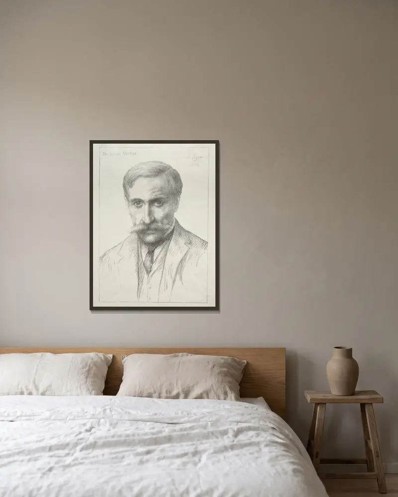 Portrait of Dr. Louis Vintras av Alphonse Legros inramad på en vägg