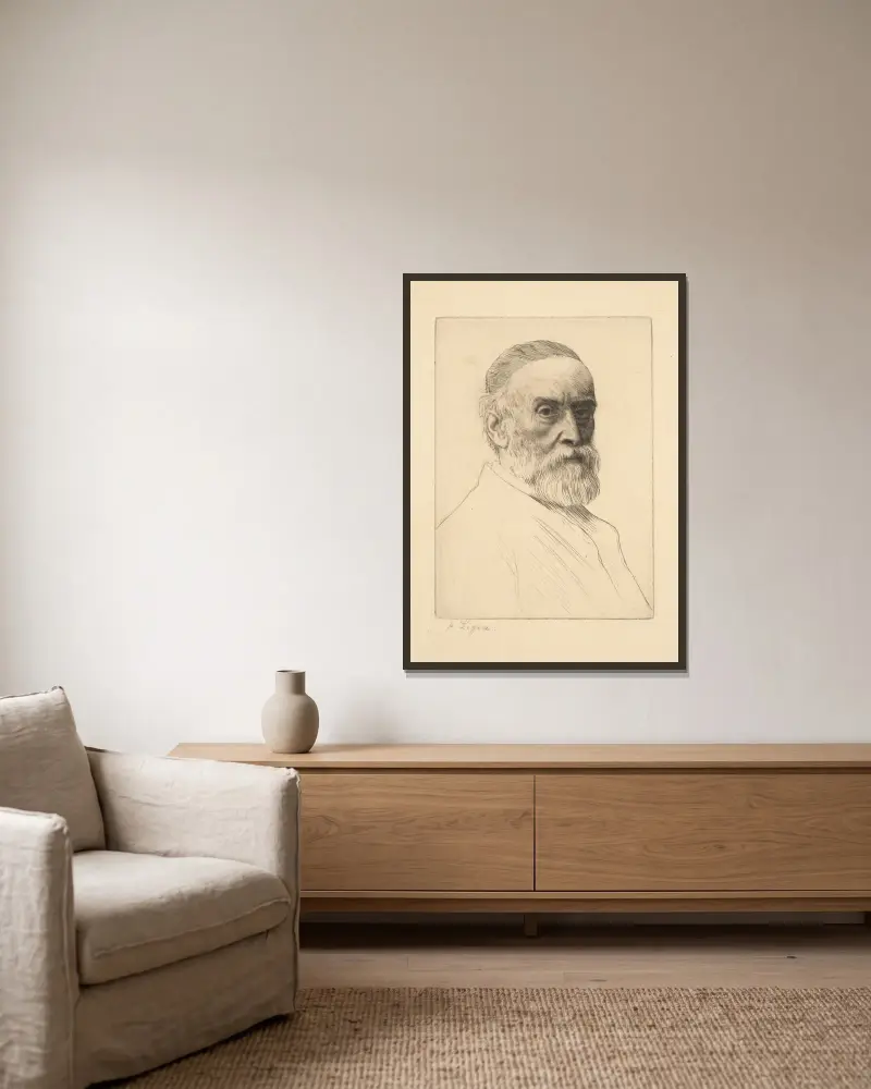 Portrait of G. F. Watts R.A. av Alphonse Legros inramad på en vägg