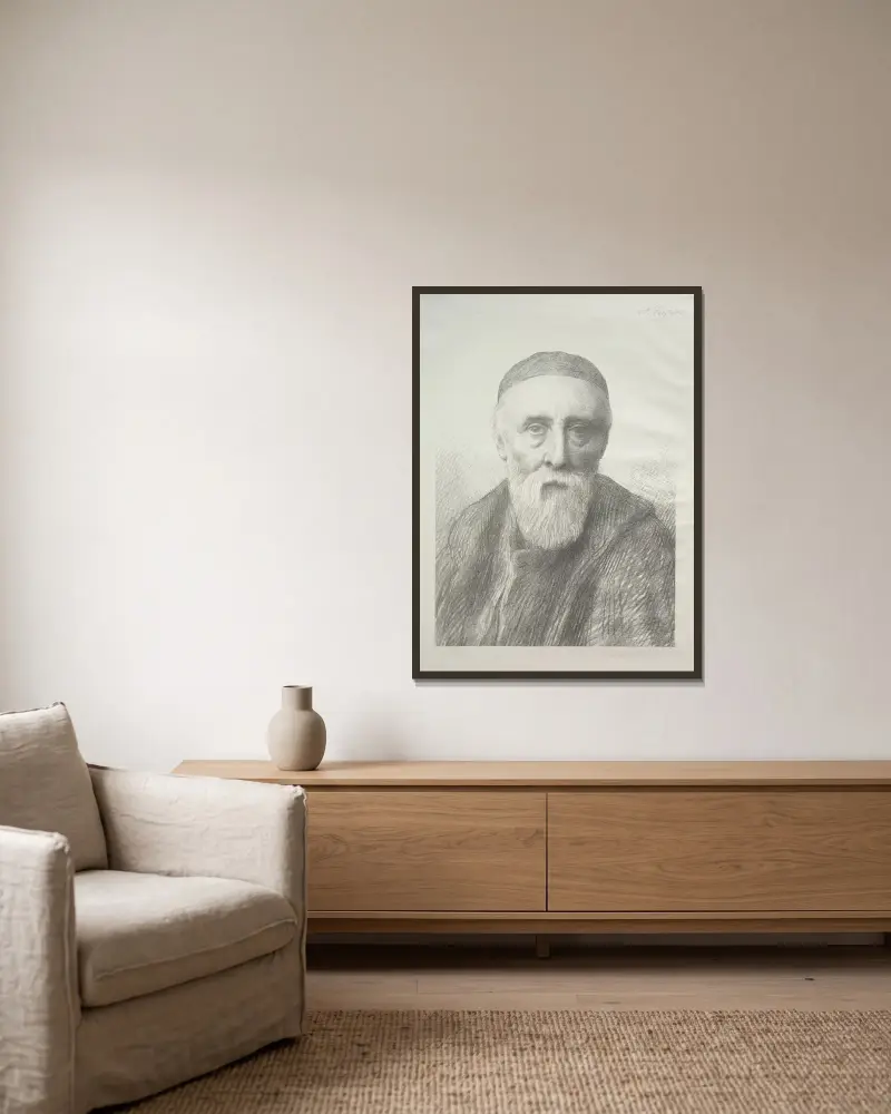 Porträtt av George Frederic Watts av Alphonse Legros inramad på en vägg
