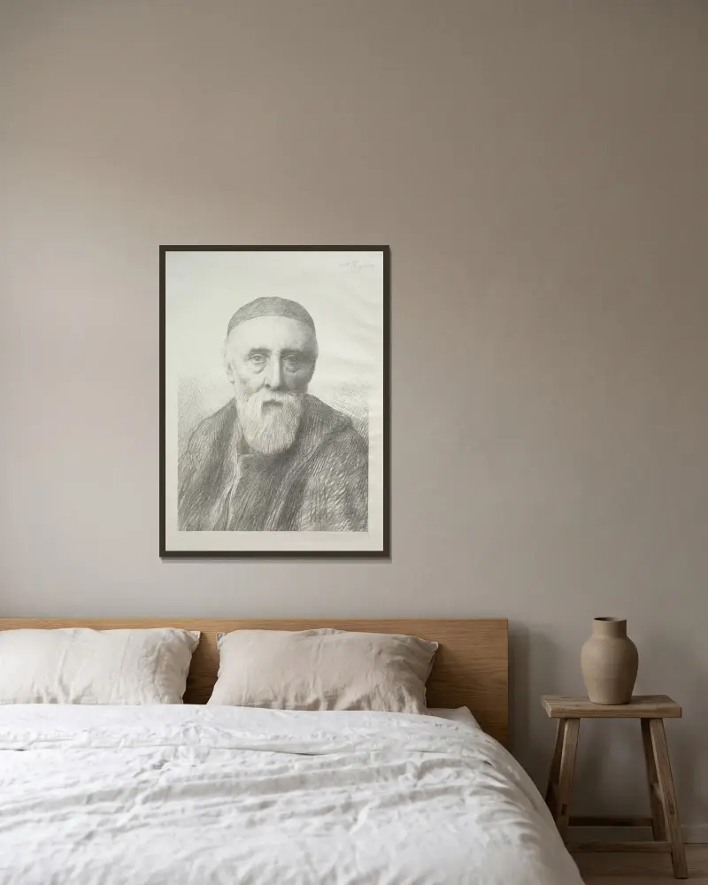 Porträtt av George Frederic Watts av Alphonse Legros inramad på en vägg