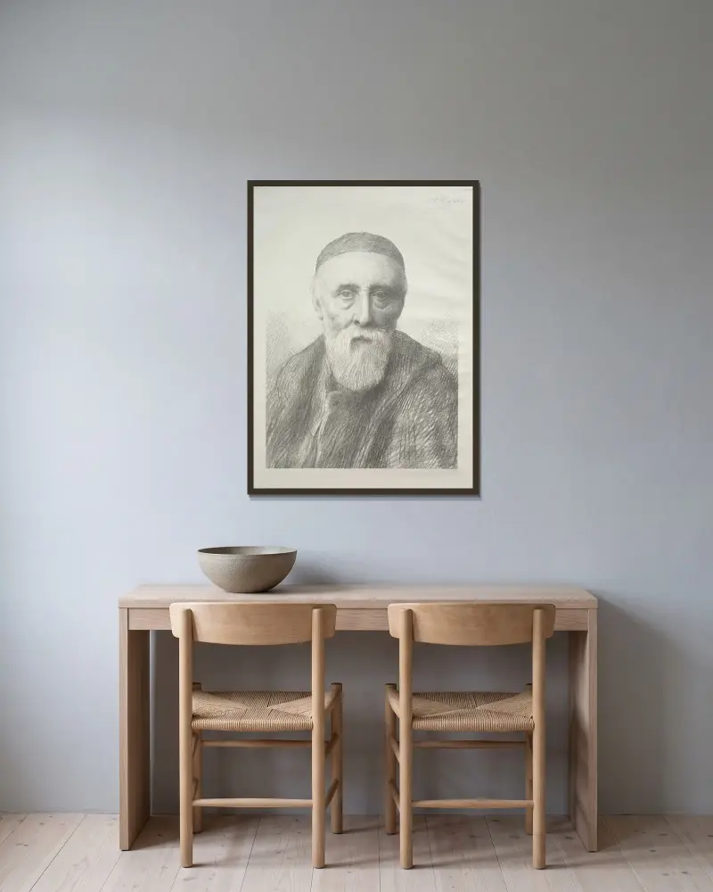 Porträtt av George Frederic Watts av Alphonse Legros inramad på en vägg