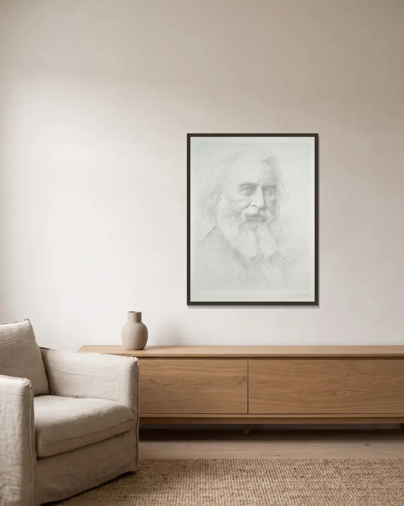 Porträtt av Henry Wadsworth Longfellow av Alphonse Legros inramad på en vägg