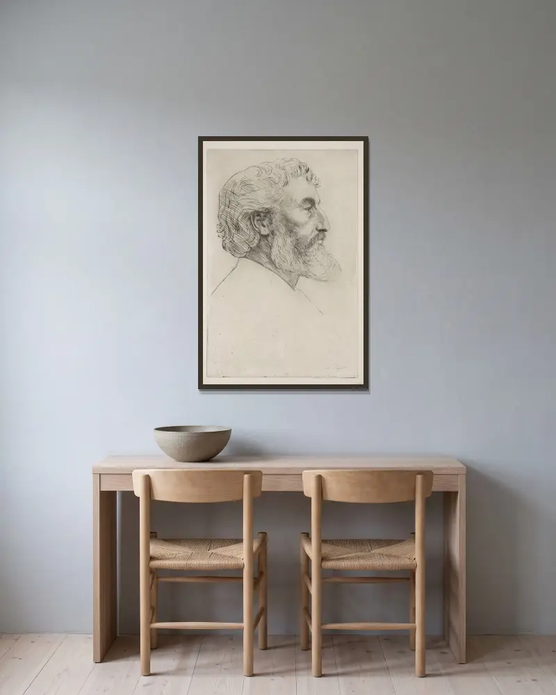 Porträtt av Sir Frederick Leighton av Alphonse Legros inramad på en vägg