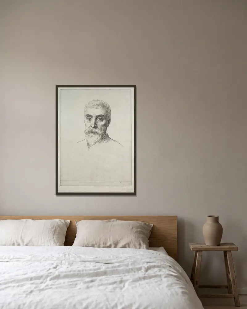 Porträtt av Sir Hiram S. Maxim av Alphonse Legros inramad på en vägg