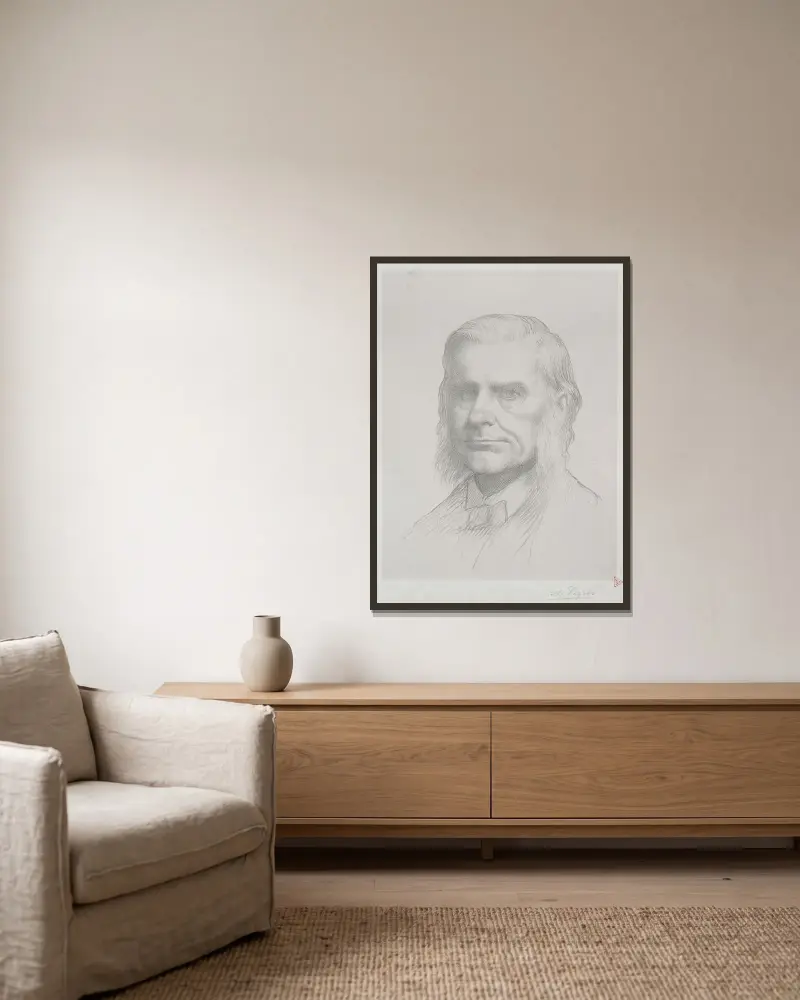 Porträtt av Thomas Huxley av Alphonse Legros inramad på en vägg