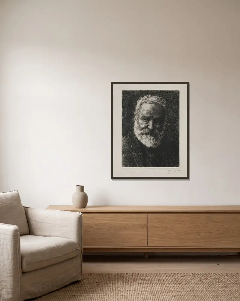 Porträtt av Victor Hugo av Alphonse Legros inramad på en vägg