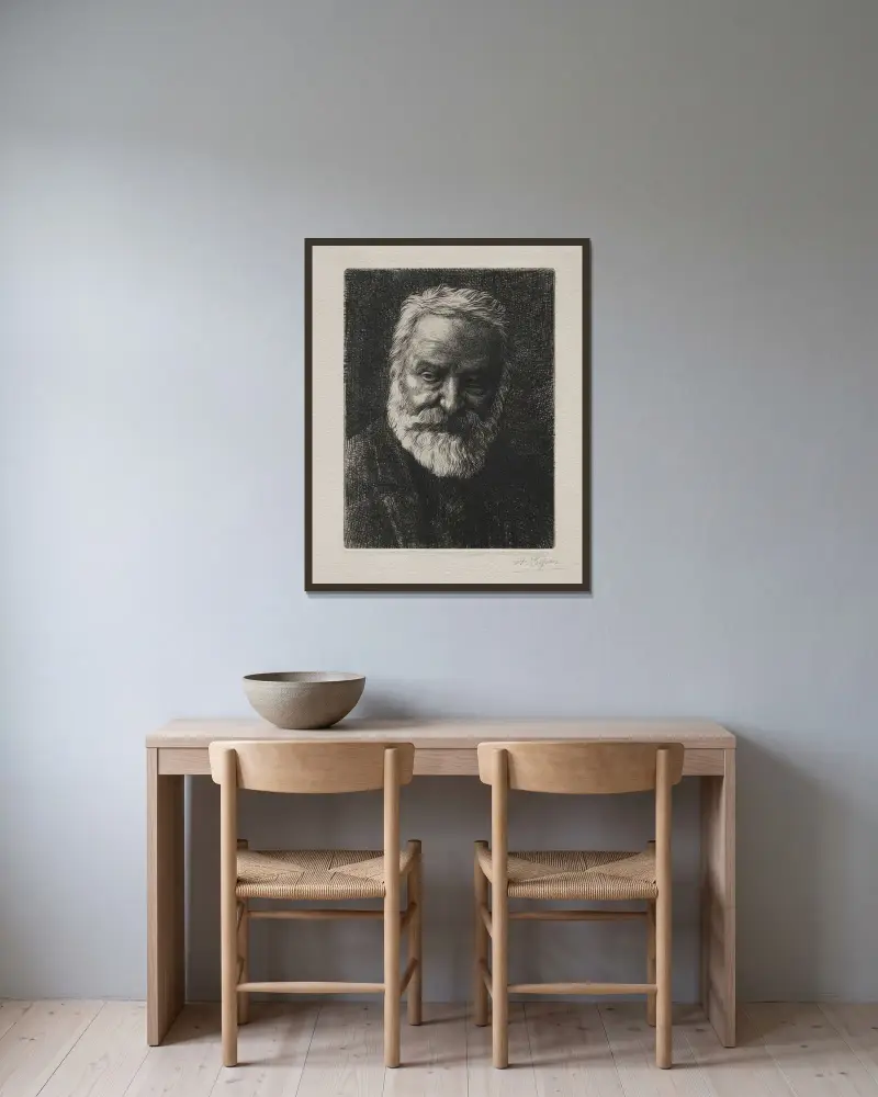 Porträtt av Victor Hugo av Alphonse Legros inramad på en vägg