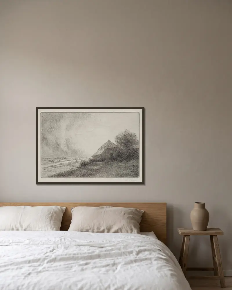 Förfallet hus på en sluttning av Alphonse Legros inramad på en vägg
