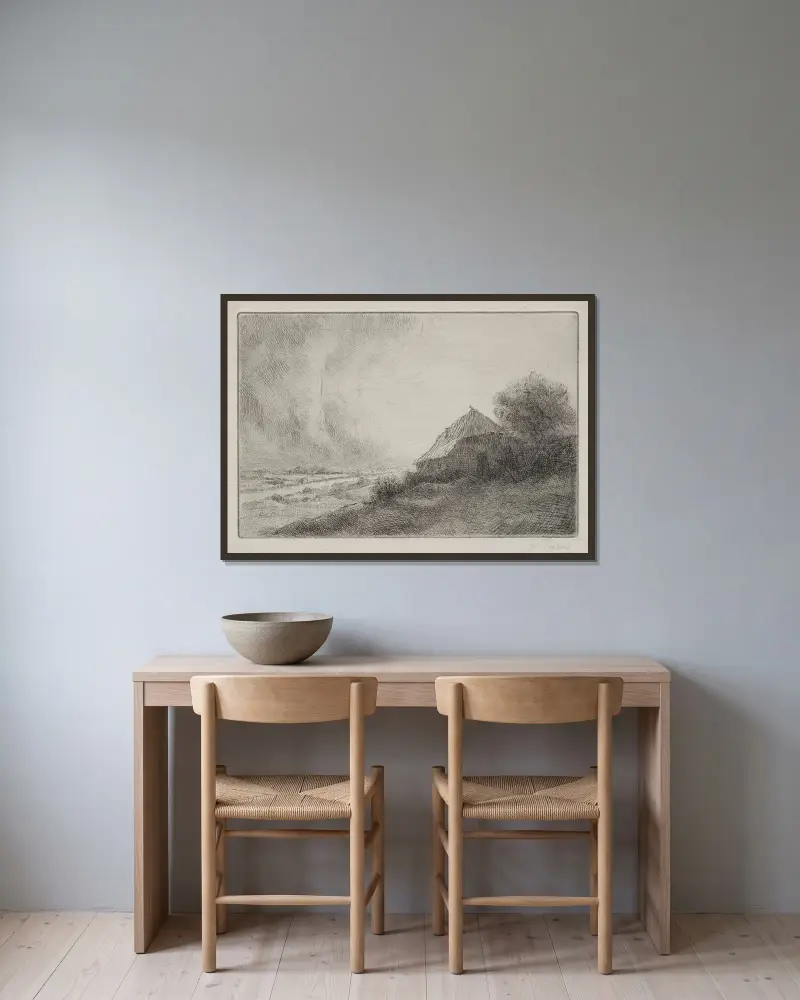 Förfallet hus på en sluttning av Alphonse Legros inramad på en vägg