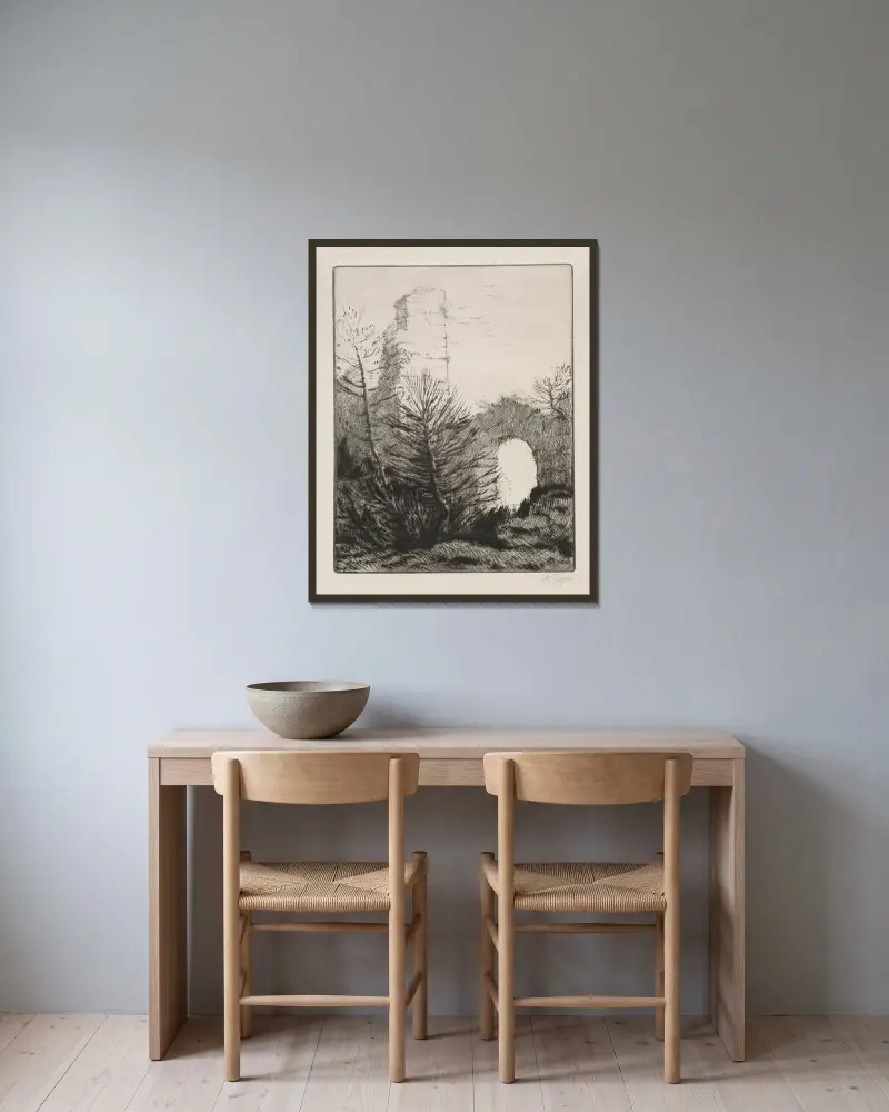 Klosterruiner av Alphonse Legros inramad på en vägg