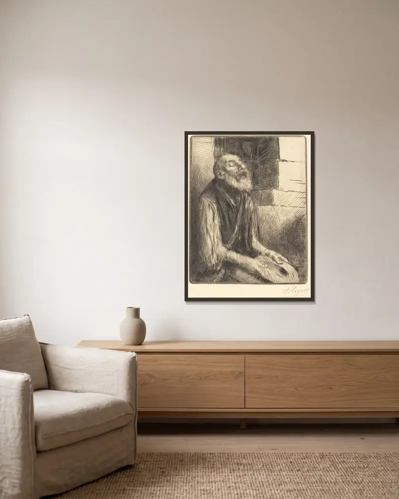 Sittande tiggare av Alphonse Legros inramad på en vägg
