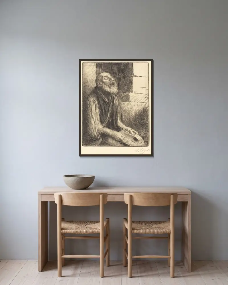 Sittande tiggare av Alphonse Legros inramad på en vägg