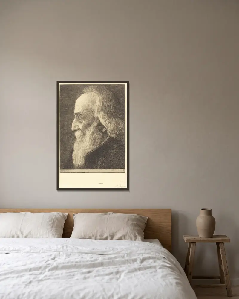 Självporträtt, 13:e plåten av Alphonse Legros inramad på en vägg