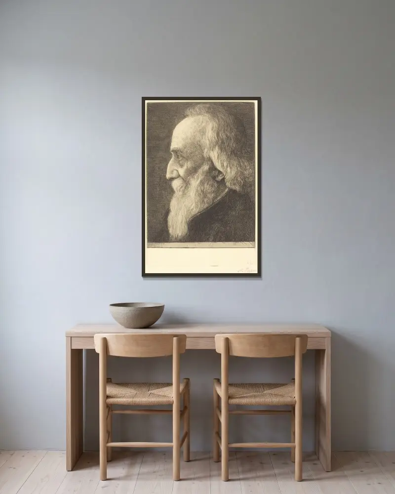 Självporträtt, 13:e plåten av Alphonse Legros inramad på en vägg