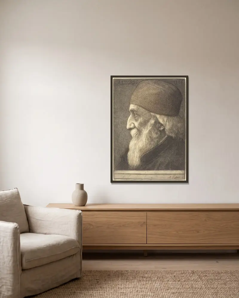Selbstbildnis, 13. Platte von Alphonse Legros gerahmt an einer Wand
