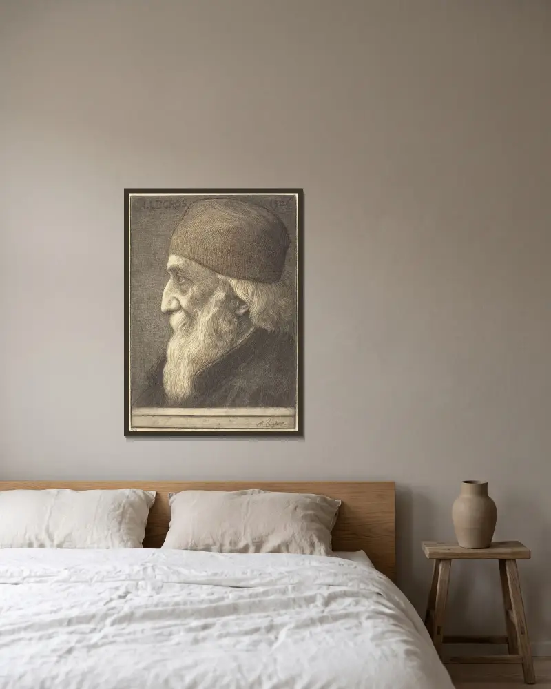 Selbstbildnis, 13. Platte von Alphonse Legros gerahmt an einer Wand