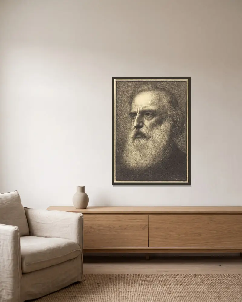 Selbstporträt, 4. Platte von Alphonse Legros gerahmt an einer Wand