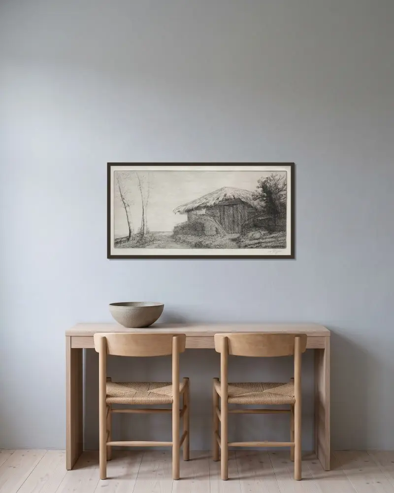 Fårfålla på kullen av Alphonse Legros inramad på en vägg