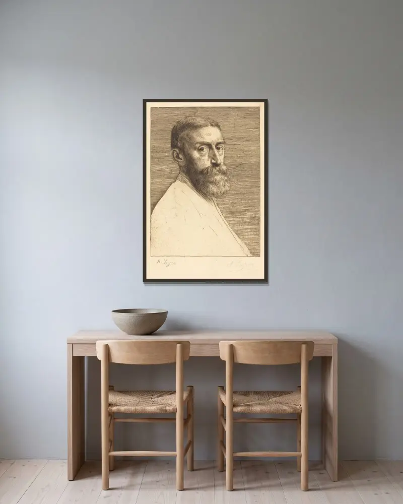 Sir E.J. Poynter, P.R.A. av Alphonse Legros inramad på en vägg