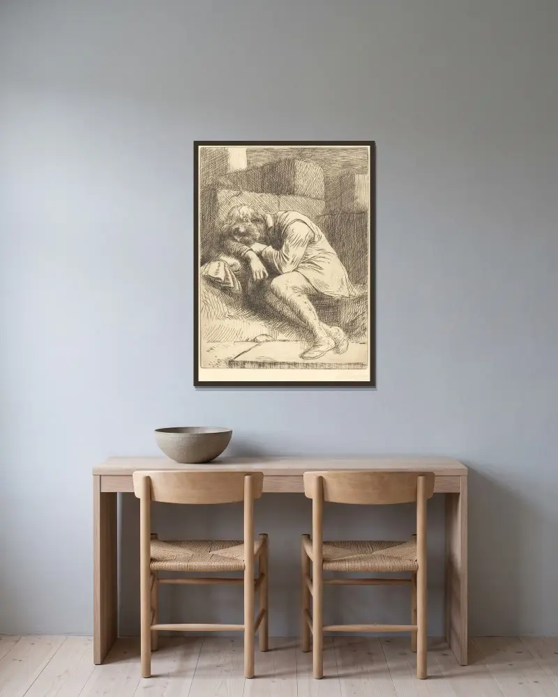 Sovande tiggare II av Alphonse Legros inramad på en vägg