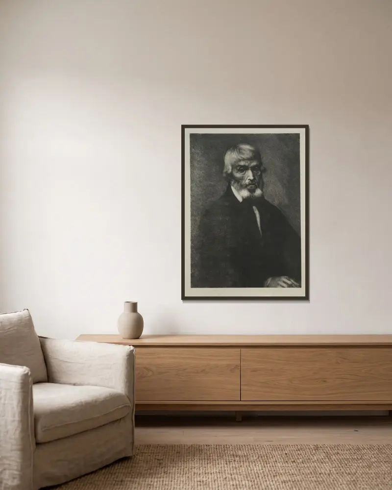 Litet porträtt av Thomas Carlyle av Alphonse Legros inramad på en vägg