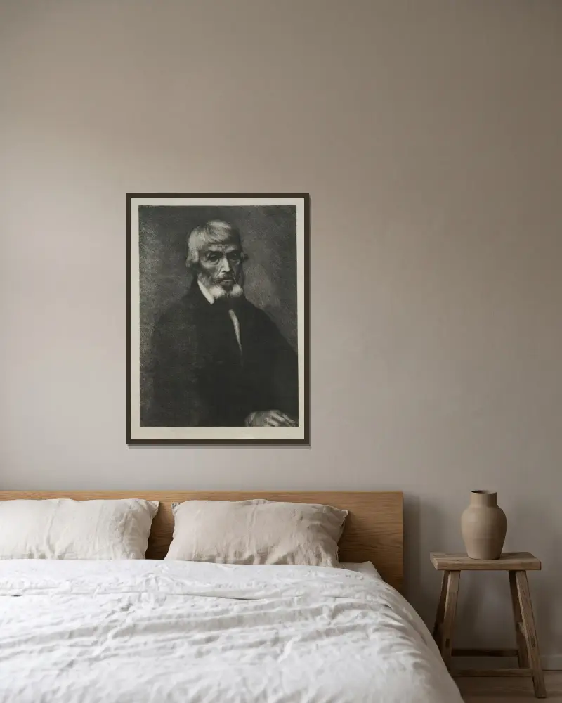 Litet porträtt av Thomas Carlyle av Alphonse Legros inramad på en vägg