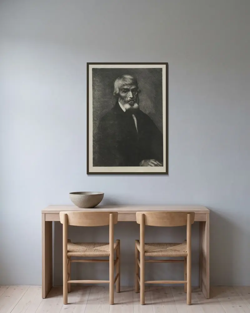 Litet porträtt av Thomas Carlyle av Alphonse Legros inramad på en vägg