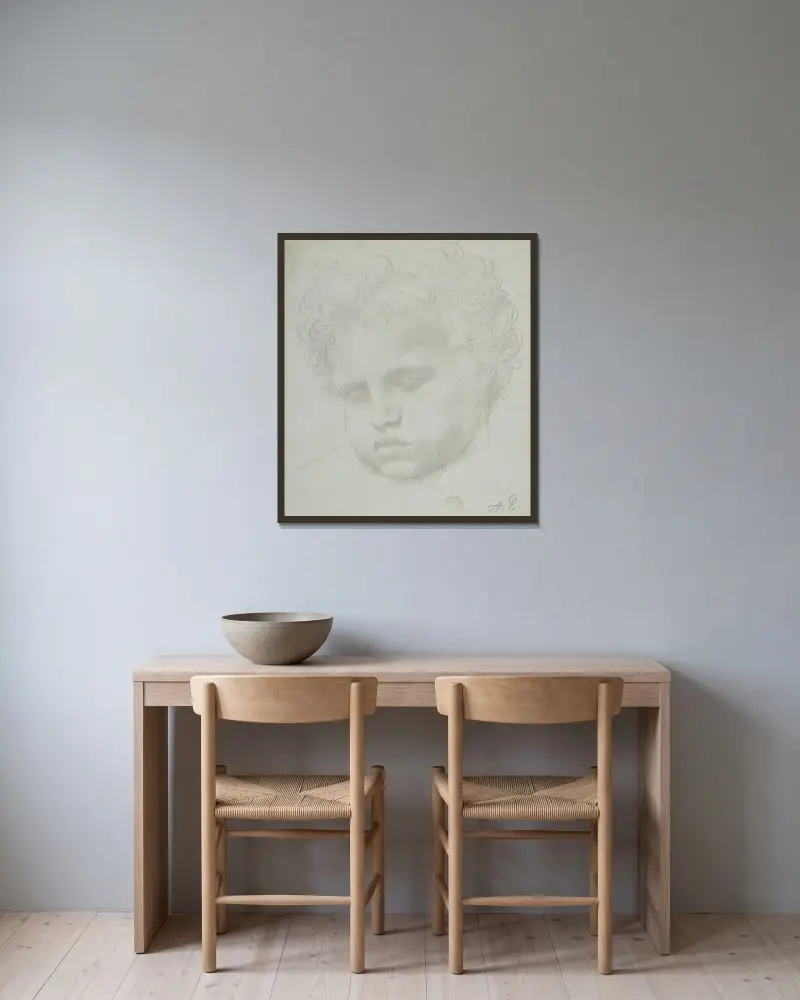 Studie av ett huvud av Alphonse Legros inramad på en vägg