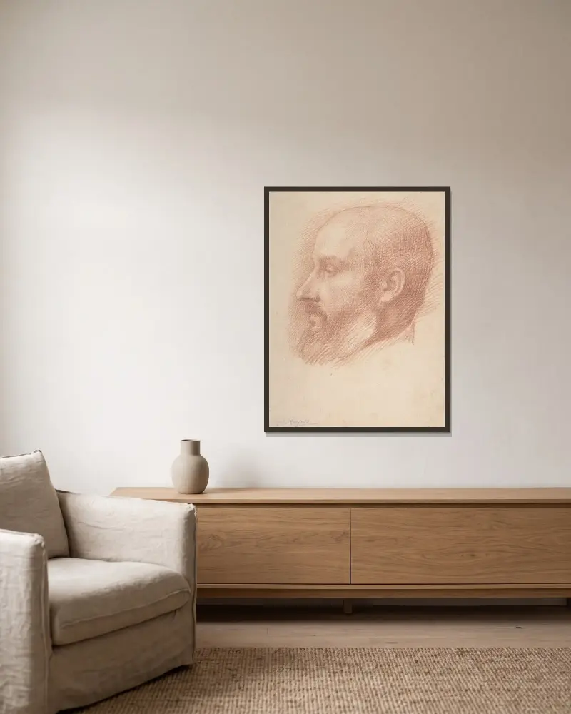Studie av ett manshuvud av Alphonse Legros inramad på en vägg