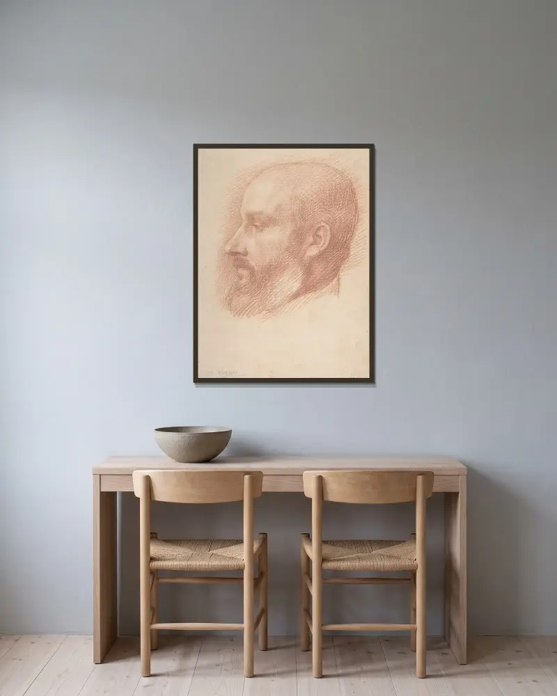 Studie av ett manshuvud av Alphonse Legros inramad på en vägg