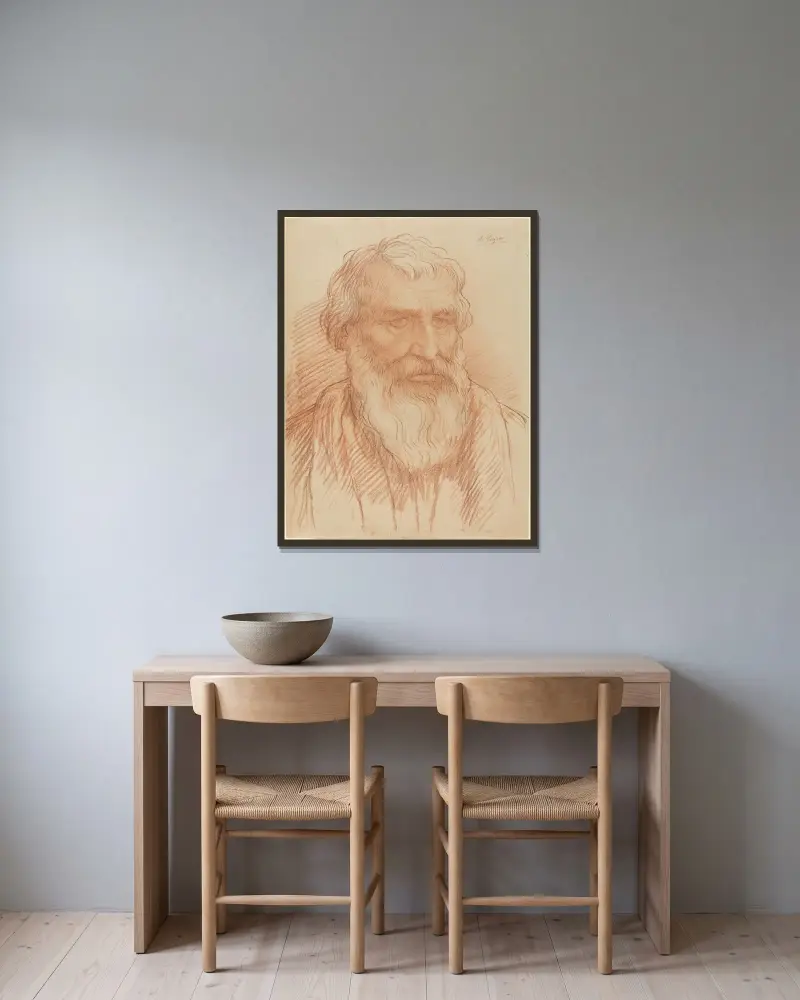 Studie av ett huvud av Alphonse Legros inramad på en vägg