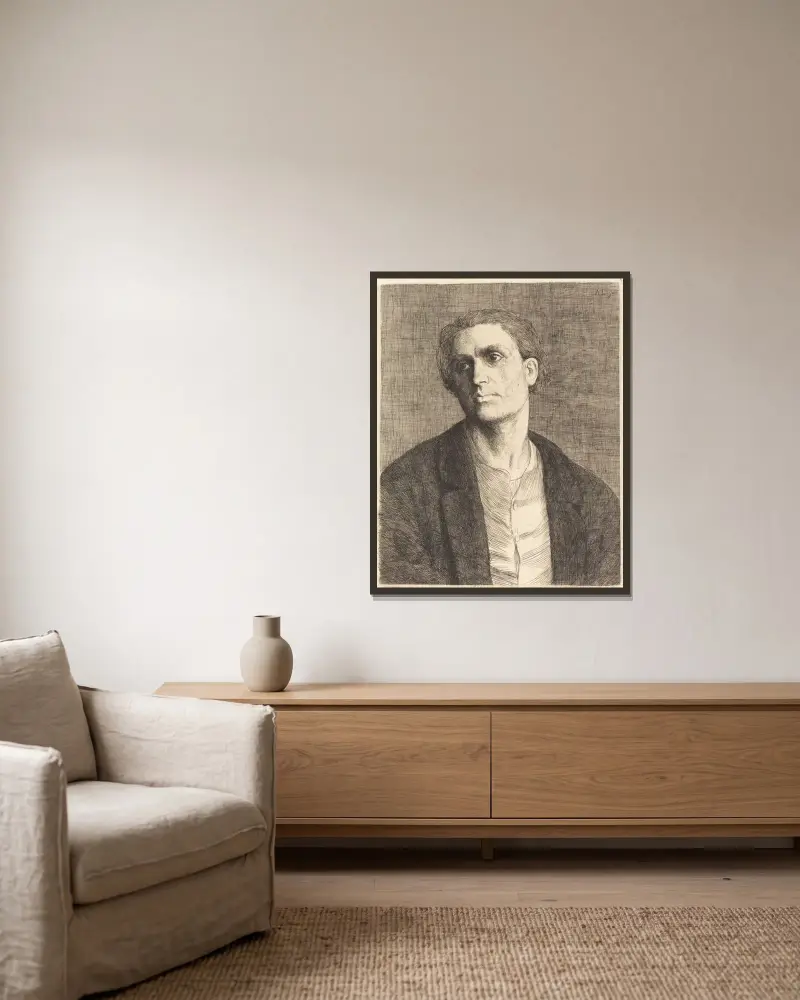 Studie av ett manshuvud av Alphonse Legros inramad på en vägg