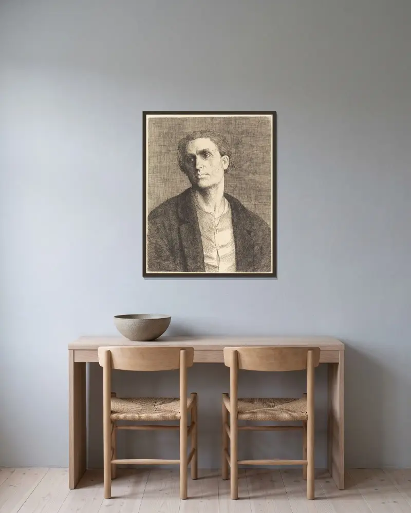 Studie av ett manshuvud av Alphonse Legros inramad på en vägg