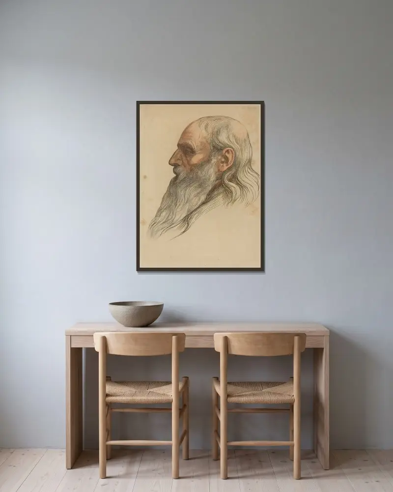 Studie av en mans huvud med helskägg av Alphonse Legros inramad på en vägg