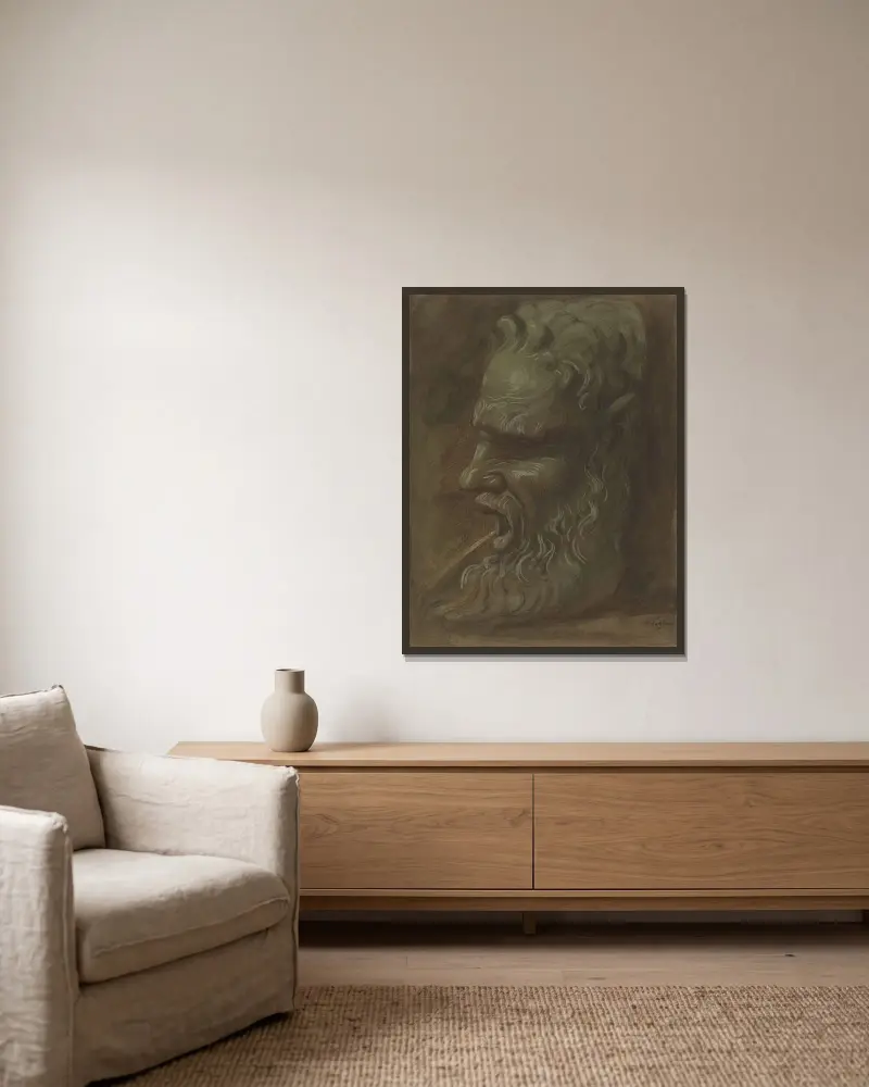 Studie av en mask av Alphonse Legros inramad på en vägg