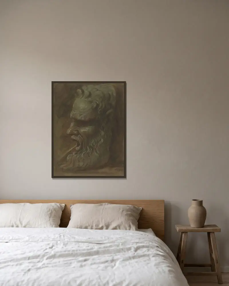 Studie av en mask av Alphonse Legros inramad på en vägg