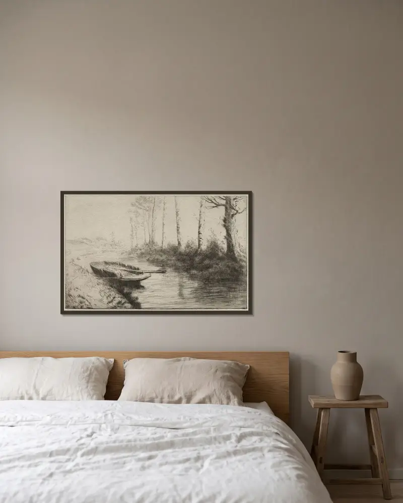 Kanalen, morgon av Alphonse Legros inramad på en vägg