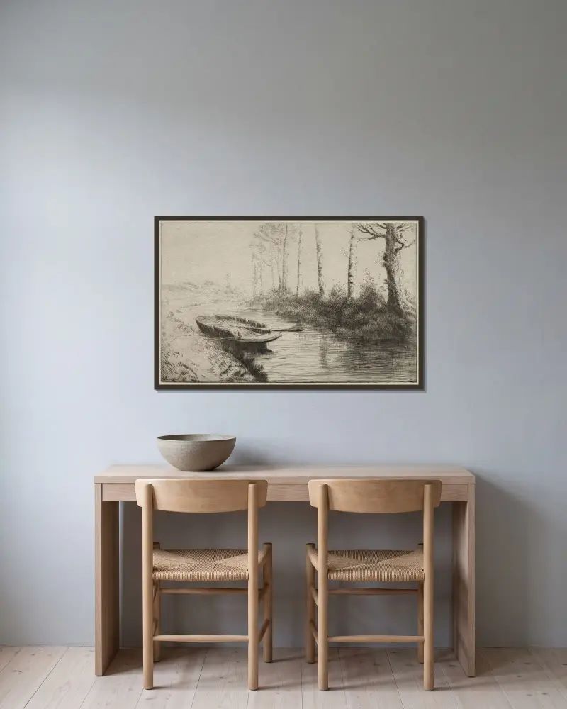 Kanalen, morgon av Alphonse Legros inramad på en vägg